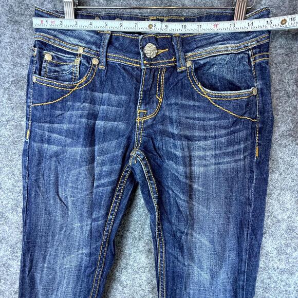 Studio 5 Bootcut Jeans Womens 3 Blue Y2K Flap Pocket Studded Embroidered Stretch - Picture 5 of 11